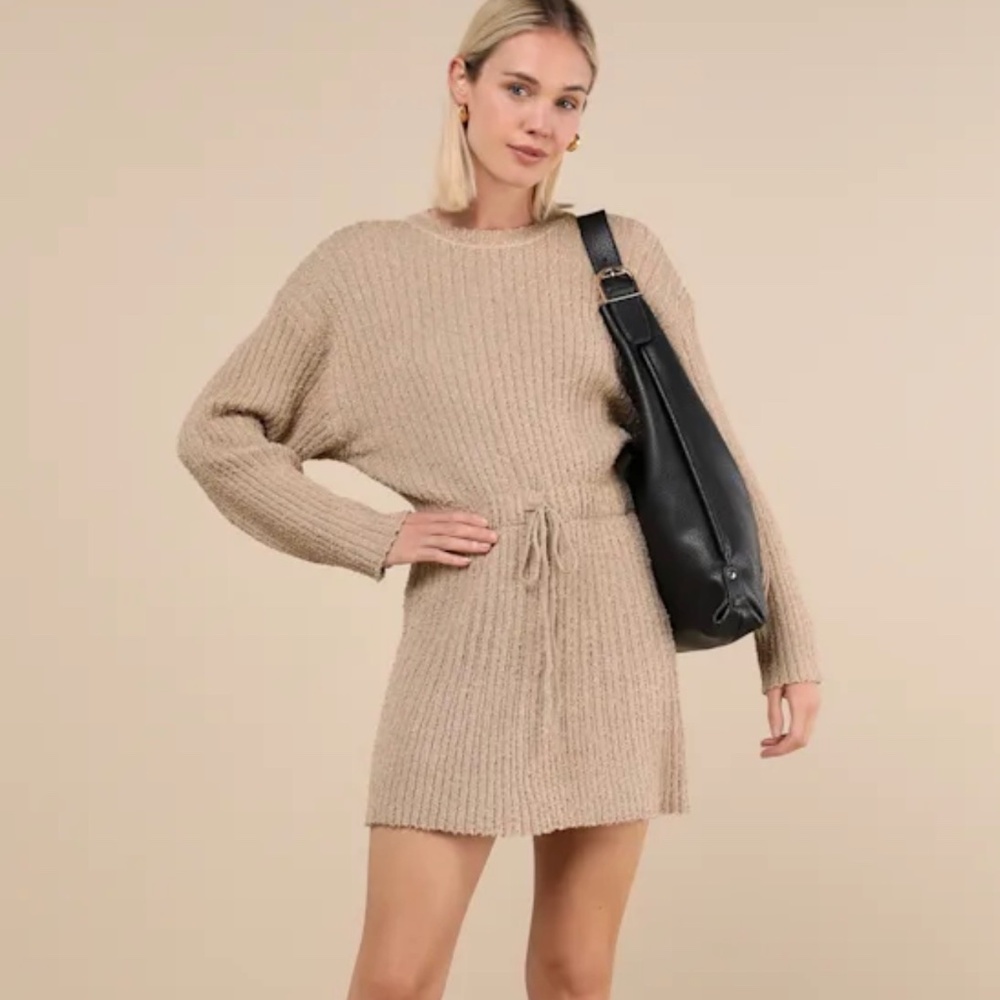 Lulus Considerable Charm Beige Boucle Knit Sweater Mini Dress - Size S